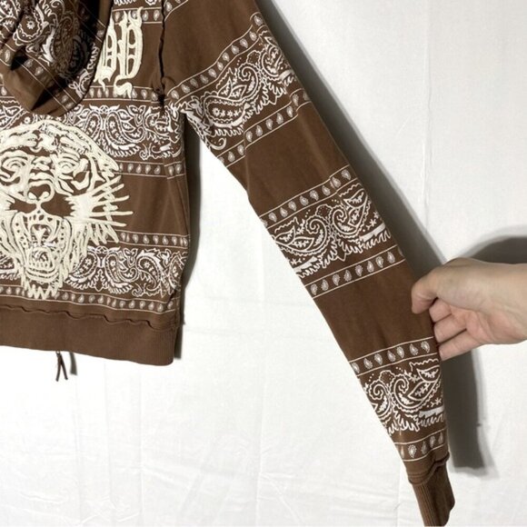 Vintage Y2K Ed Hardy Brown Cream Tiger Paisley Bandana Print Stripe Zip Hoodie M - Picture 8 of 15